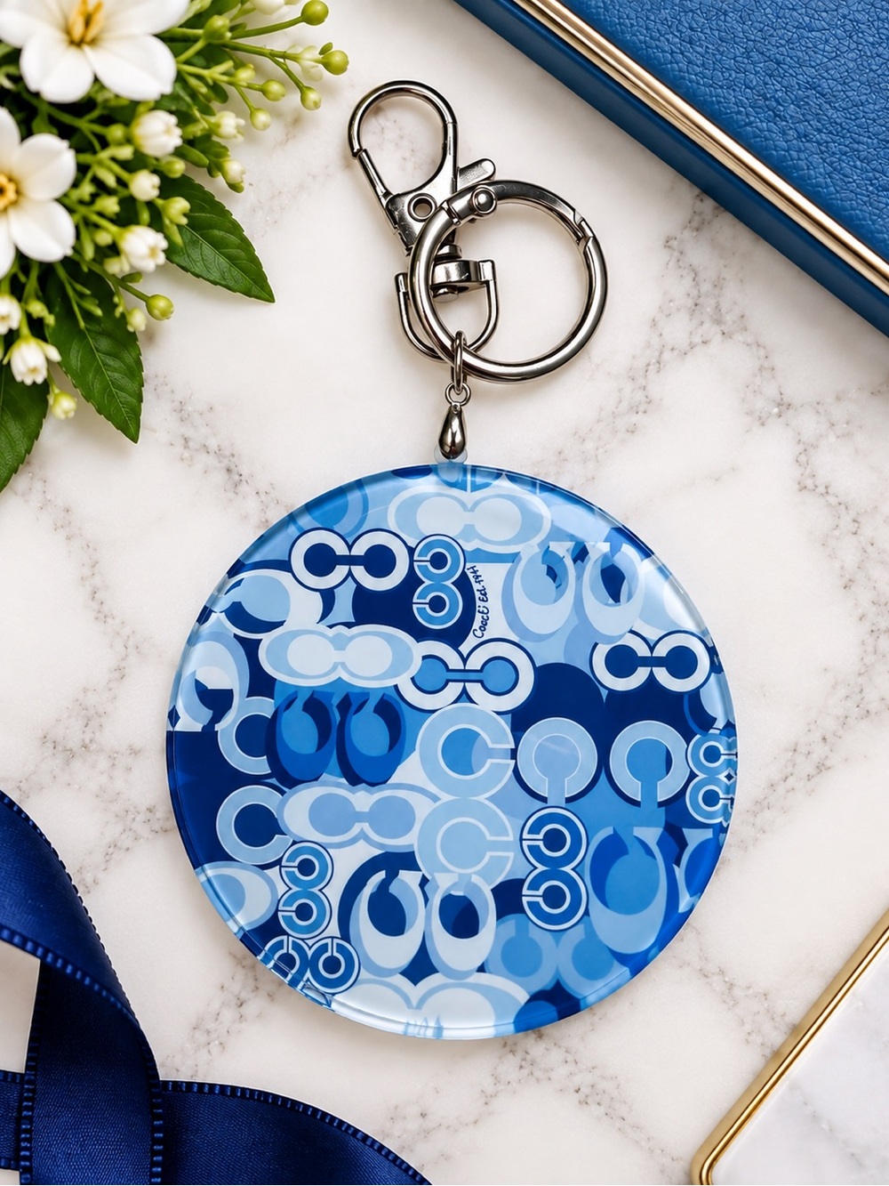 Handcrafted Blue Monogram Acrylic Round Bag Charm Keychain
